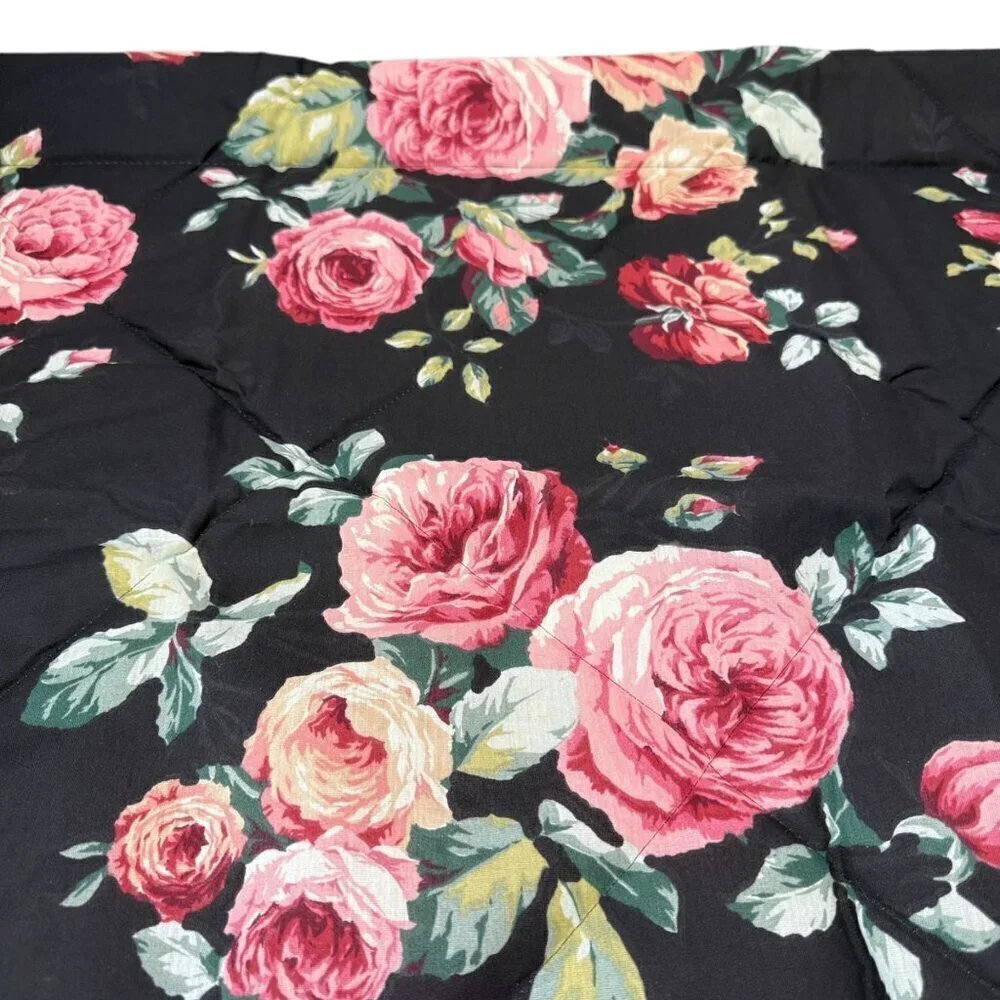 Cabbage Rose Floral Pillow Sham Quilted Black Pink Cotton Blend Pillowcase NEW
